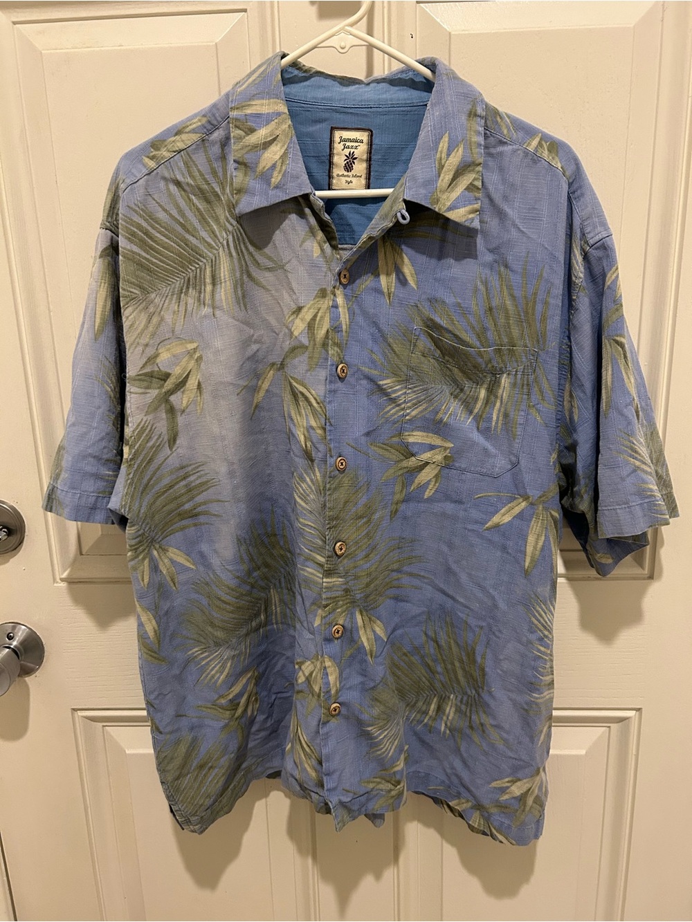 Jamaica Jaxx Blue & Olive Palm Print Button-Down Shirt 100% silk